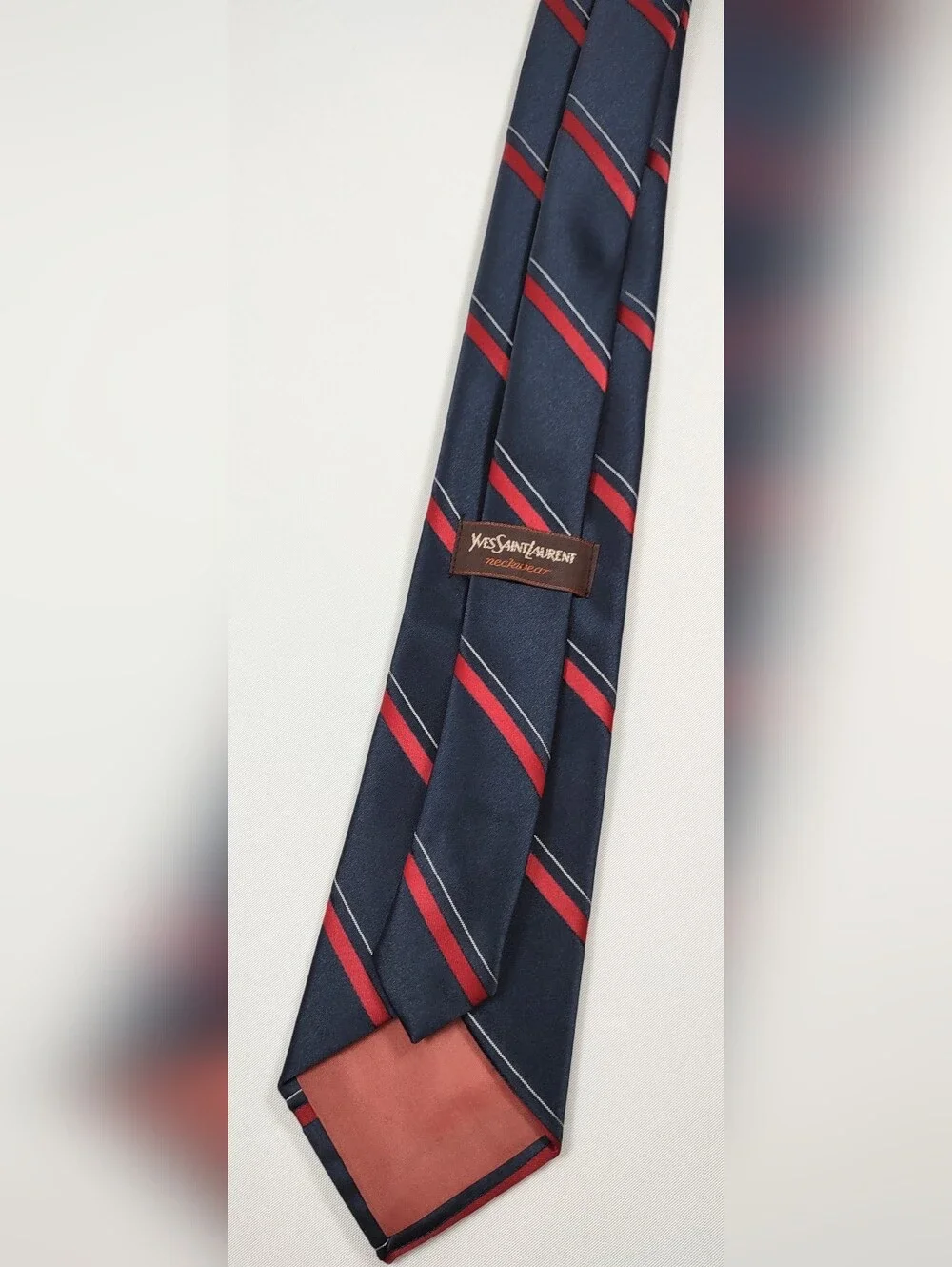 Yves Saint Laurent Vintage YSL Men’s Silk Tie Navy Red Striped Short Necktie